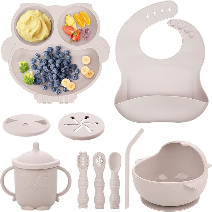 Baby Weaning Set, Silicone Baby Feeding Set(10 Pcs), Toddler Weaning Set with Adjustable Bib, Suction Bowl, Plate, Fork, Spoon, Water & Snack Cup Kit, Baby Led Weaning Kit for Babies and Kids