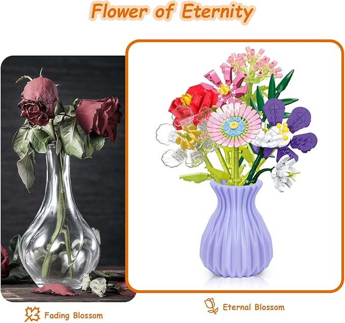 Flowers Bouquet Building Set with Vase, 8 Artificial Flowers Bouquet Set for Adults, Kids, Boys, Girls, Idea Gifts for Mother's Day, Birthdays, Creative DIY Plant Bouquet Decoration Botanical, 730PCS
