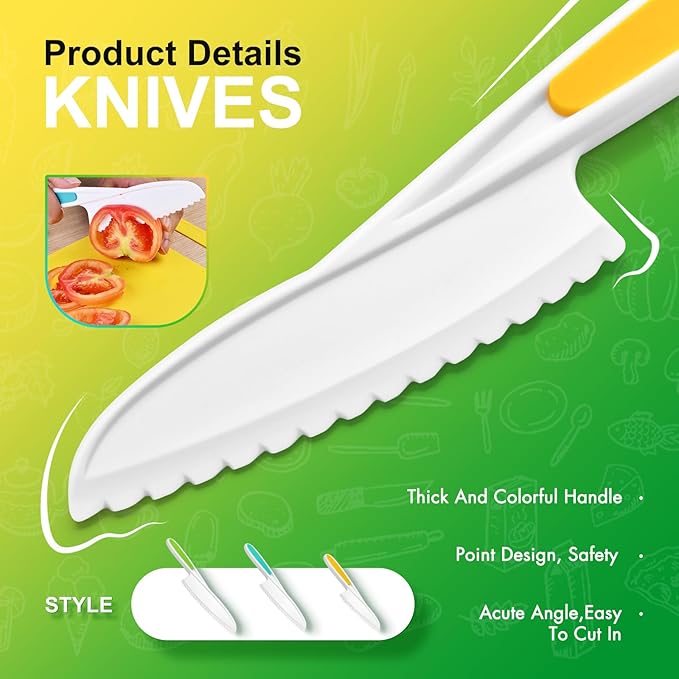 Montessori Toddler Knife Set-4PCS Kids Safe Knives and Cutting Board for Real Cooking Kids Cooking sets Real Cooking Kitchen Tools Toddler Friendly Kitchen Set