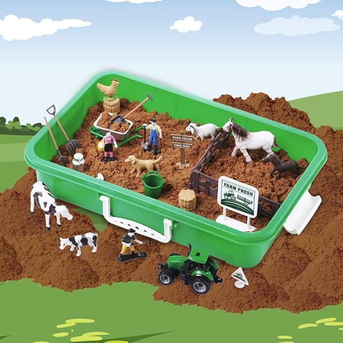 Dazmers Farm Animal Toys Sand Play Set - 28 Piece Farm Sand Playset for Kids - Includes Farm Animals, Tools, Play Sand - Fun Farm Activities for Kids - Ideal for Sensory and Creative Play