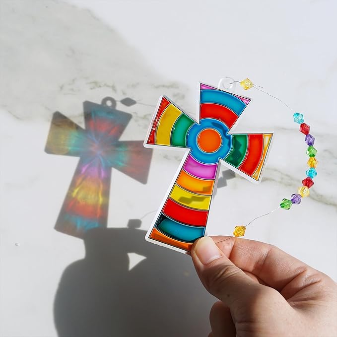 Winlyn 27 Sets Cross Suncatchers Ornaments Decorations DIY Window Paint Art Suncatchers Cross Craft Kits Cross Sun Catchers for Kids Sunday School VBS Christmas Easter Holiday Activities Party Favors
