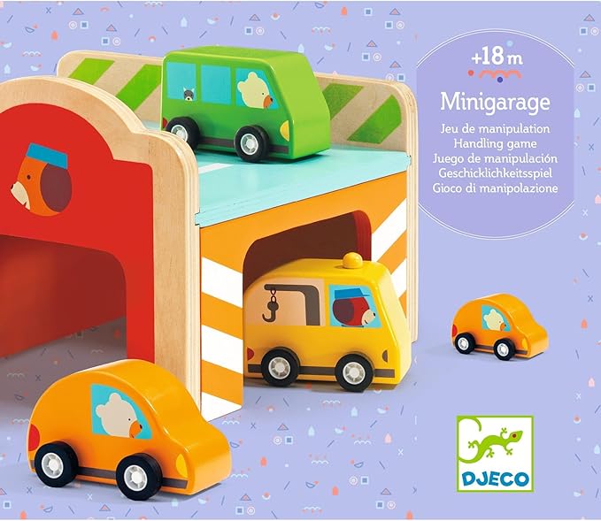 DJECO Early Learning Mini Garage - Cute Vehicle Toys for Toddlers - Fun & Creative Activity for Family & Friends - Wooden Automobile Set for Children 18+ Months Girls & Boys