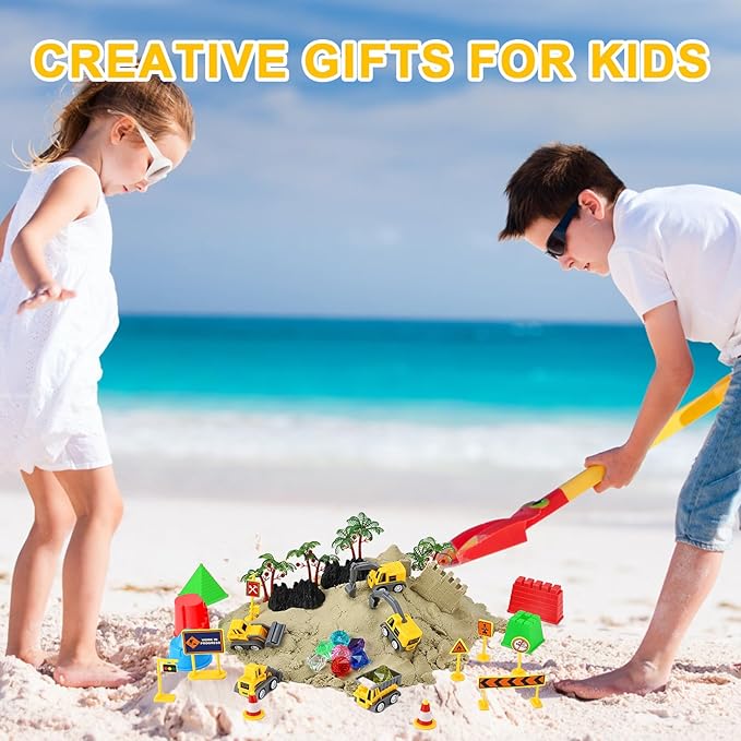 Eaistose Play Construction Sand Sets, Sensory Bin Toy with 1.65lbs Magic Sand, 5 Construction Vehicles,9 Road Signs and 8 Molds, 2 Tools,Sand Box Toys for 3 4 5 6 7 8 Years Old Boys Kids…