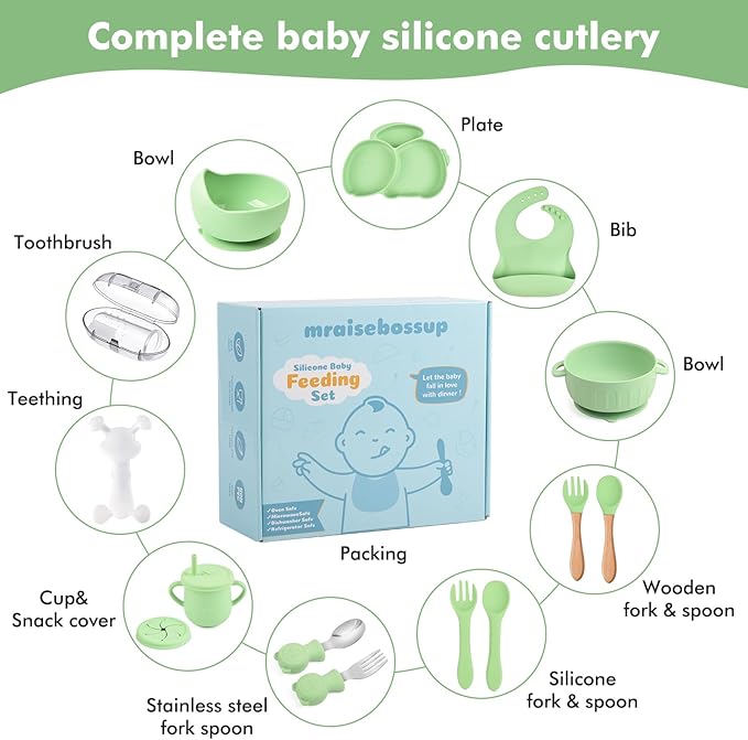 Silicone Baby Feeding Set 15 Pcs，Baby Spoons Suction Bowl Divided Plate Bib Cup Finger Brush Teething Teether，Baby Led Weaning Supplies,Baby & Toddler Silicone Plates and Bowls Dining Set（green）