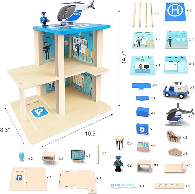 Wooden Police Station Playset Toy, Multicolor 3-Level Pretend Play Dollhouse Set with Figures, Car, Helicopter and Accessories, Preschool Learning Educational Toys for Toddlers Kids Age 3 and up