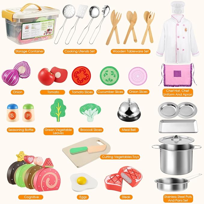 44PCS Play Kitchen Accessories, Wooden Play Food, Kids Kitchen Pretend Play Toys with Stainless Steel Play Pots & Pans Sets, Apron & Chef Clothes, Kitchen Toys for Toddlers Preschoolers Kids