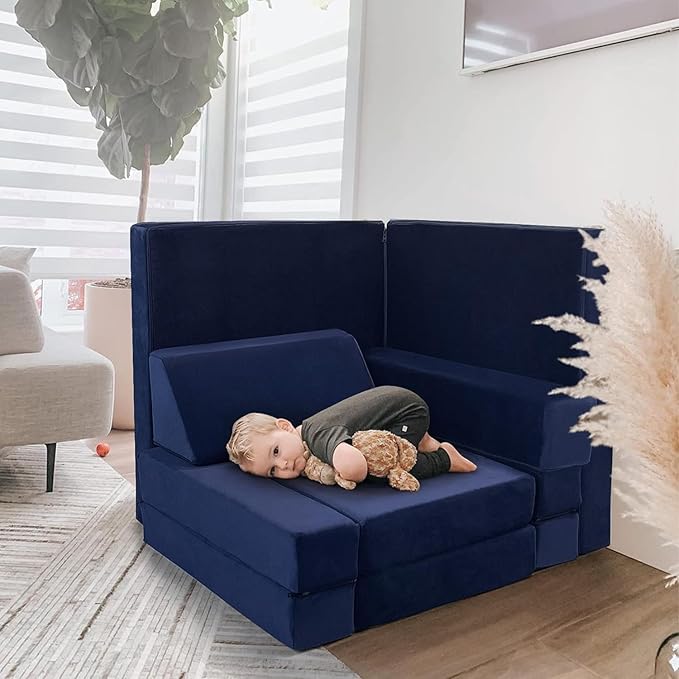 MeMoreCool Modular Kids Play Couch, 10 Piece Foam Lounge Sofa for Playroom, Large Toddler Bed and Block Couch for Boys, Navy