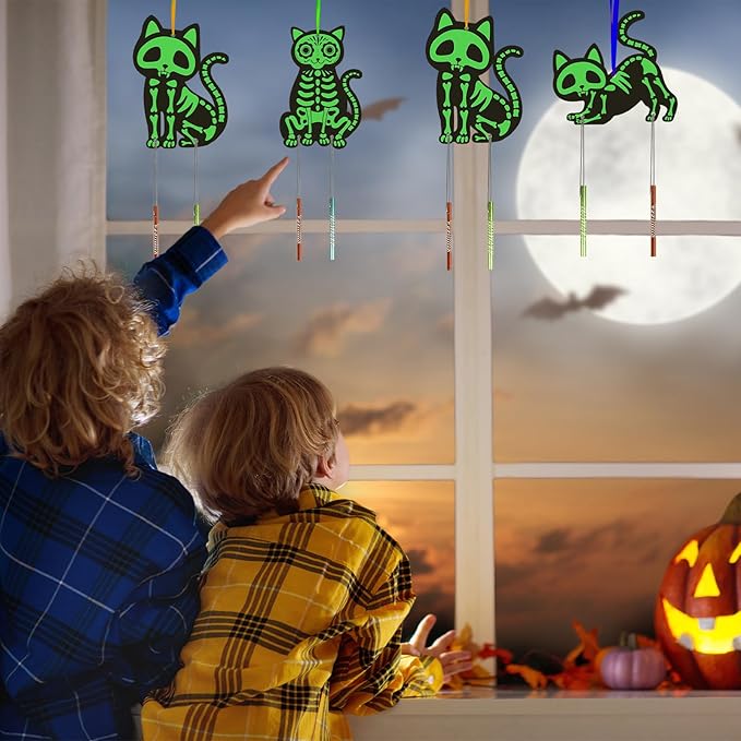 Fennoral 9 Pack Cat Wind Chime Kit for Kids Make You Own Glow in Dark Cat Skeleton DIY Coloring Wooden Arts and Crafts for Halloween Art Activity Halloween Party Decorations
