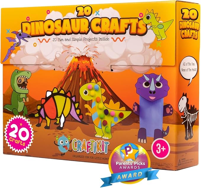 Craftikit® 20 Award-Winning Dinosaur Crafts for Kids - Award-Winning All-Inclusive Fun Toddler Arts and Crafts Box for Kids, Dinosaur Crafts for Toddlers Ages 3-5, Organized Toddler Craft Kit