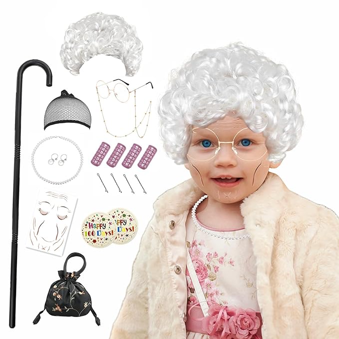 Old Lady Costume Wig for Girls, 100th Day Of School Kids Granny Wigs 20Pcs (White)