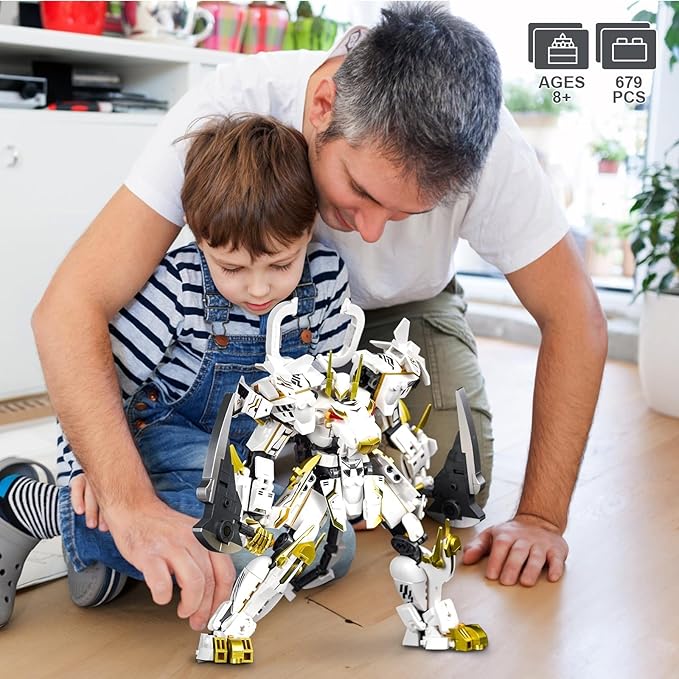Mech Robot Building Blocks Set for Adults, Flexible Cool White Tiger Warrior Model Kit with Two-Handed Axes Weapon Toy Playset, 679 pcs Creative Mythical Ninja Gifts for Man Boys Ages 12-14