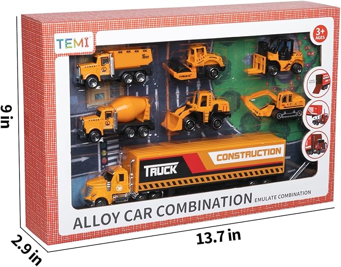 TEMI Diecast Engineering Construction Vehicle Toy Set w/Play Mat,Truck Carrier, Forklift, Bulldozer, Excavator,Dump Truck, Alloy Metal Car Toys Set for 3 4 5 6 Years Old Toddlers Kids Boys & Girls