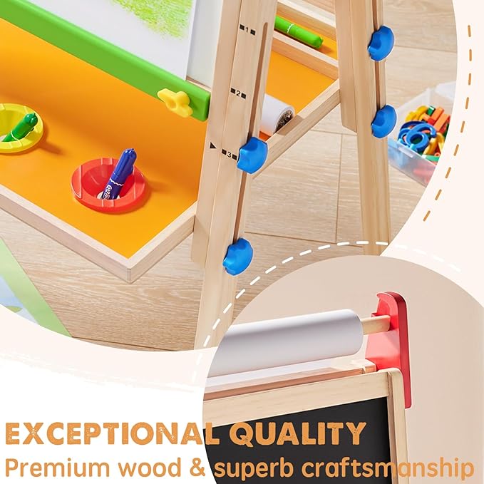 Tiny Land Easel for Kids with 2 Drawing Paper Roll, Learning-Toy for 3,4,5,6,7,8 Years Old Boy & Girls, Wooden Chalkboard & Magnetic Whiteboard & Painting Paper Stand, Gift & Art Supplies for Toddler