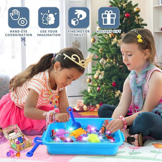 Mermaid Sensory Bin for Girl, Magic Sand Art Kit with LED Light, 2.2lbs Sensory Sand, Ocean Sea Animals, Sand Box with lid, Mermaid Toy Christmas Birthday Gift for Girls Ages 3 4 5 6 7 8…