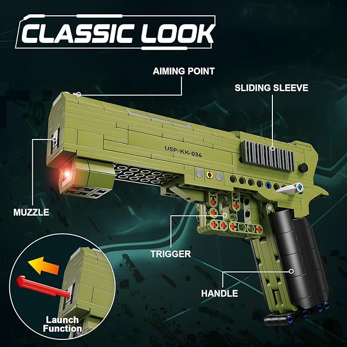 Finger Rock Gun Building Blocks Sets, 1:1 Simulation Shooting Toy USP Pistol Model Building Kit, Rifle Weapon Collectible Gift for Military Enthusiasts, Adults Kids 14+ (362 pcs)