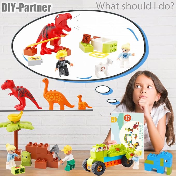 Kids Toys for 2 3 4 5 6 7+ Year Old Boys Toddlers Classic Brick Set, Dinosaurs, Car, Figures, Build, Learn and Play, Educational Interactive Creative DIY Toy Compatible with All Major Brands