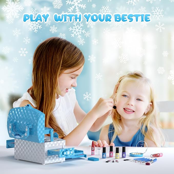 PERRYHOME Kids Makeup Set for Girl 56 Pcs Washable Real Cosmetic, Non-Toxic Frozen Toys Toddler Makeup Kit, Frozen Princess Dress up Kit Christmas & Birthday Girl Gift for 3-12 (Frozen Blue)