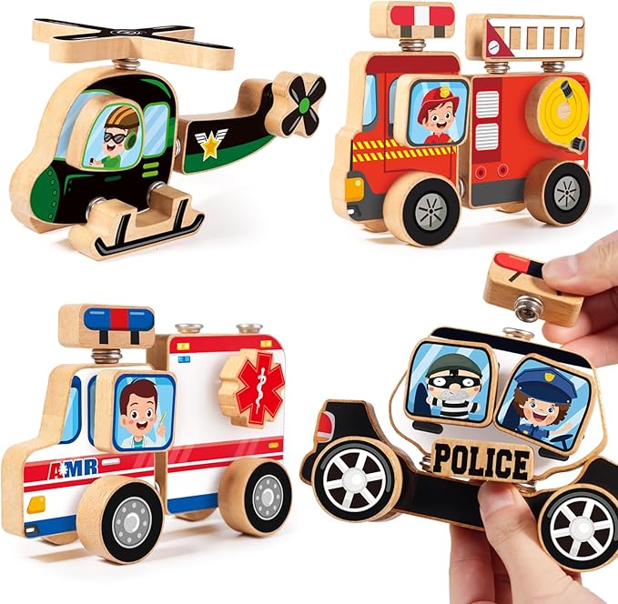 HUZU Emergency Vehicles 3D Puzzle Toy, Rescue Squad Wooden Snap Button Connection Building Blocks for Kids 3-8, Fire Truck Ambulance Police Car Helicopter Montessori Gifts for Preschool Children