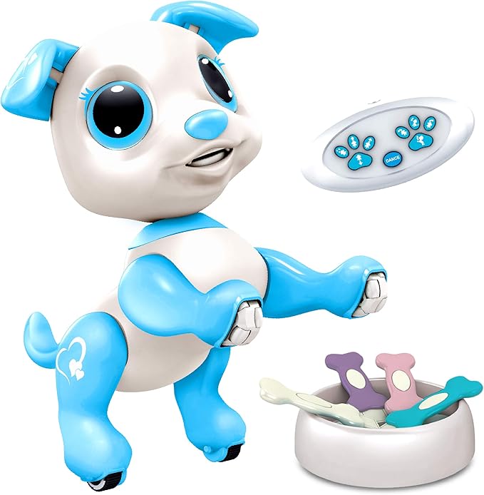 Robo Pets Robot Dog Toy for Girls and Boys - Remote Control Robot Toy Puppy with LEDs, Sound FX, Interactive Hand Motion Gestures, STEM Toy Program Treats, Dancing and Walking RC Robot for Kids (Blue)