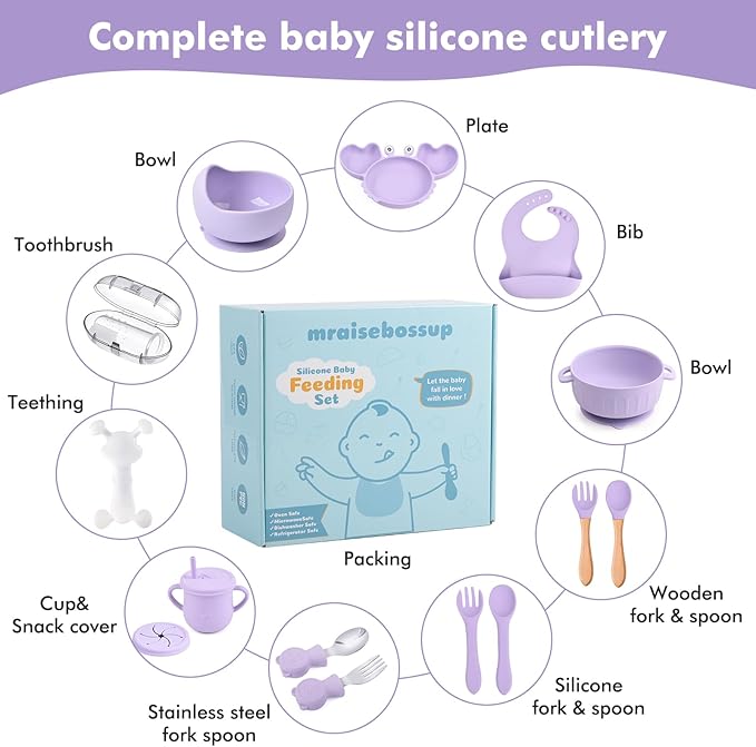 Silicone Baby Feeding Set 15 Pcs，Baby Spoons Suction Bowl Divided Plate Bib Cup Finger Brush Teething Teether，Baby Led Weaning Supplies,Baby & Toddler Silicone Plates and Bowls Dining Set（purple）