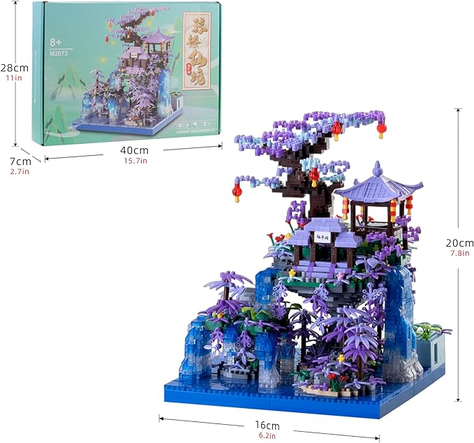 Peach Blossom Pond Building Blocks Set,Building Blocks Set Gifts for Adults and Kids, Micro Bricks Cherry Blossom Tree House Kit with LED Light and Display Box（2500+Pieces）