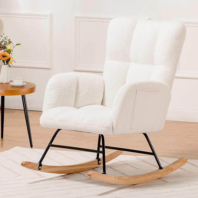 COMHOMA Nursery Rocking Chair, Teddy Upholstered Glider Rocking Chair with Side Pockets, Accent Chair with High Backrest Reading Chair for Adult, Nursery, Bedroom, Living Room,Offices (White)