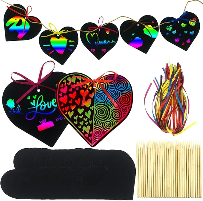 Valentines Day Scratch Paper 96 Pieces Art Rainbow Heart-shaped Scratch Craft Art with Wooden Styluses and Ribbons for Kids Decorative Arts and Crafts Valentine's Day Wedding