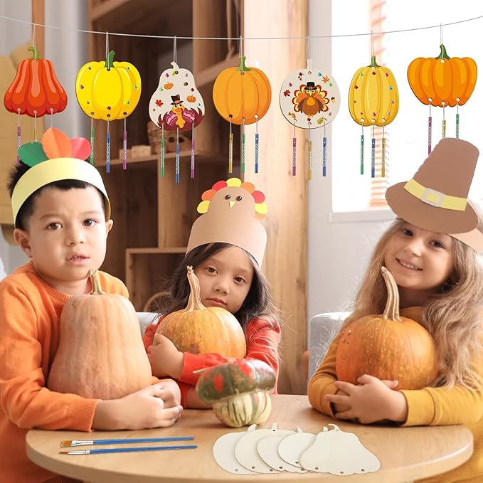 gisgfim 16 Pack Thanksgiving Pumpkin Wind Chime Crafts Kits for Kids Make Your Own Pumpkin Wind Chime Wooden DIY Arts and Crafts for Fall Party School Classroom Decorations Supplies Birthday Favors