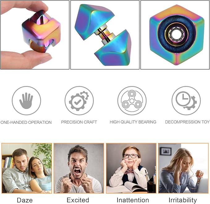 QLKUNLA Fidget Cube Spinner Anti-Anxiety Focusing Fidget Toys EDC Fidgets Spinner 4-in-1 Toy Metallic Focus Toy Cube Finger Top Desktop ADHD Stress Relieve Toys for Kids and Adults (Gold)
