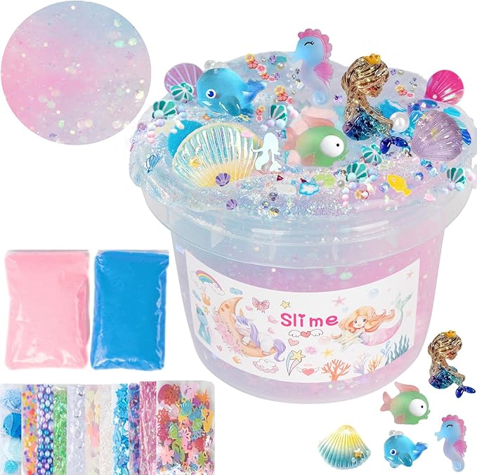 Mermaid Slime Kit,Clear Slime Bucket Kids Birthday Party,Slime Party Favors for Kids Children's Birthday Party Gifts Stress Relief Slime Kit for Girls and Boys
