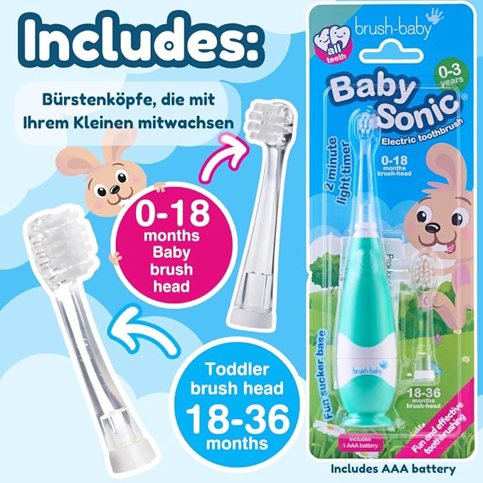 brush-baby BabySonic Infant and Toddler Electric Toothbrush for Ages 0-3 Years - Smart LED Timer and Gentle Vibration Provide a Fun Brushing Experience - Includes 2 Sensitive Brush Heads (Teal)