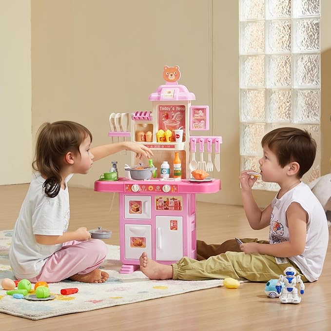 VEVOR Kids Kitchen Playset, Toddler Kitchen with Cooking Stove with Steam, Sounds and Lights, Play Kitchen Set with 48 PCS Cooking Accessory Set for Toddlers, Preschoolers, Children Ages 3-5, Pink
