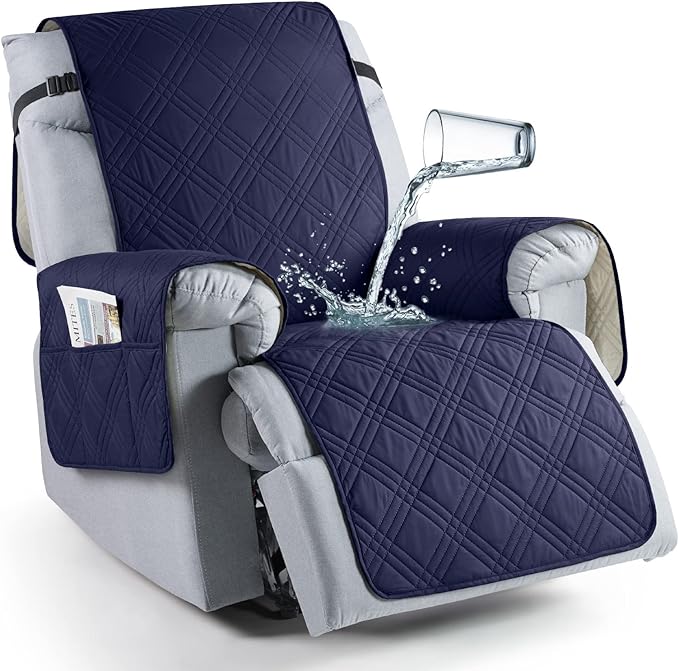 TAOCOCO 100% Waterproof Recliner Chair Cover, Non Slip Recliner Covers for Recliner Chair with Pocket, Washable Reclining Chair Cover Furniture Protector for Kids, Pets(Recliner Chair, Navy Blue)