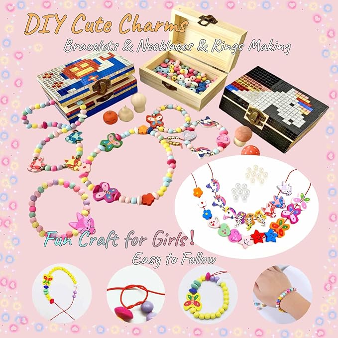 DEUXPER DIY Mosaic Jewelry Box & Beads Bracelets for Kids Ages 8-12, Crafts for Girls 6-8 9 10 11 Year Old, Girls Toys 10-12, Arts and Crafts for Kids, 7 Girl Birthday Gift