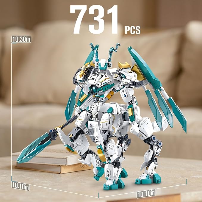 Dragon Transforming Mech Building Blocks Set, 2 in 1 Warrior City Action Robot Model Building Kit, 731 PCS Cool Rider Mech Toys Gift for Adults and Kids Boys 8 10 12+
