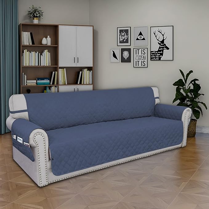 Easy-Going Sofa Slipcover Waterproof Sofa Cover Couch Cover for 4 Cushion Couch with Elastic Straps Washable Non-Slip Furniture Protector Cover for Pets, Dogs, Cat (XX-Large, Navy)