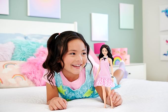 Barbie Fashionistas Doll #224 with Black Wavy Hair, Pink Gingham Dress & Accessories, 65th Anniversary Collectible Toy