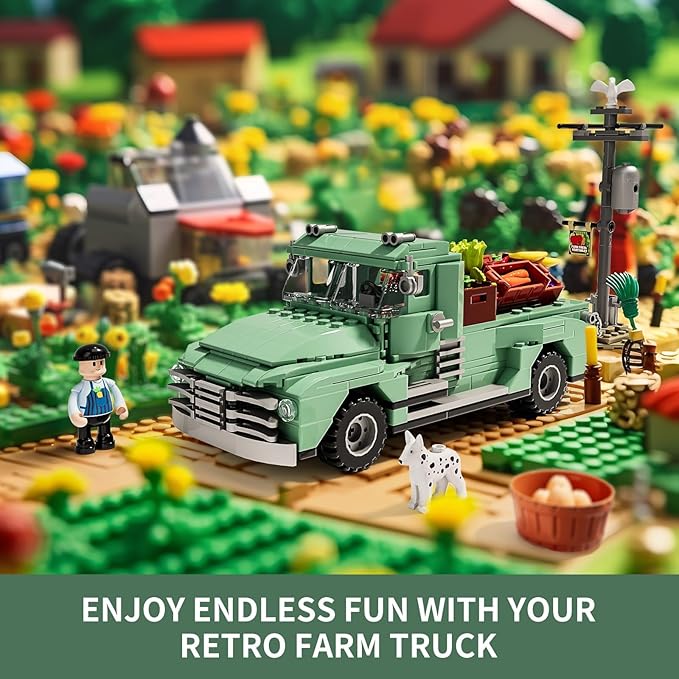 FUNWHOLE Retro Farm Truck LED Light Building Model Set - 499 Pcs Construction Bricks for Adults and Teens