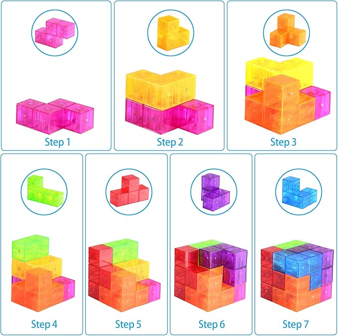 Magnetic Building Blocks Stacking 3D Puzzle Cubes, 7 Multi Shapes Magnetic Blocks with 54 Guide Cards, Educational Toys for Toddlers, Montessori Toys for Boys Girls