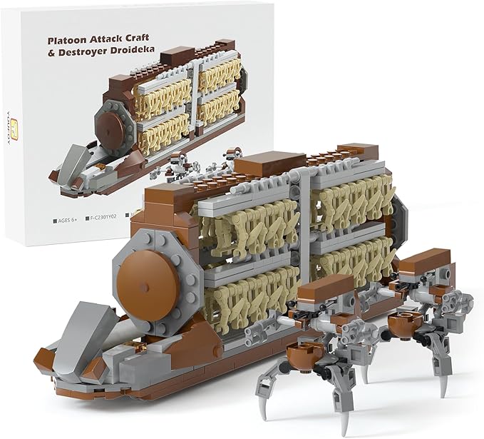 Battle Army Clone Platoon Attack Craft Building Kit 32-Piece, Battle Soldiers Troop Carrier with 2 Droidekas, Building Blocks Action Figures Army Toys for Kids 6-12