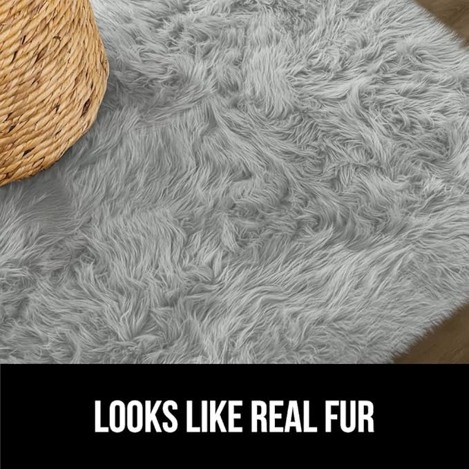Gorilla Grip Fluffy Faux Fur Rug, 6x9, Machine Washable Soft Furry Area Rugs, Rubber Backing, Plush Floor Carpets for Baby Nursery, Bedroom, Living Room Shag Carpet, Luxury Home Decor, Light Gray