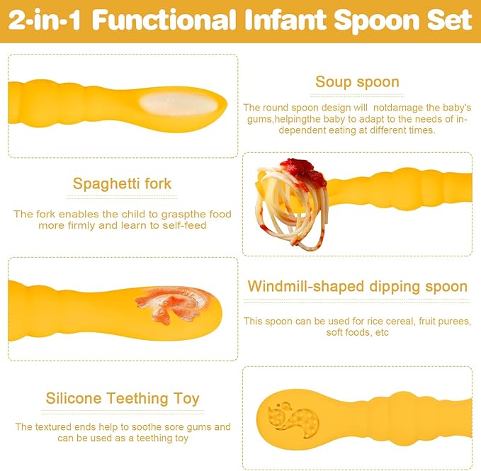 Silicone Baby Spoons Self Feeding 6+ Months 3PCS Toddler Forks and Spoons Utensils Baby Led Weaning Teething Spoon Infant Spoons First Stage Newborn Baby Essentials Baby Gifts Yellow