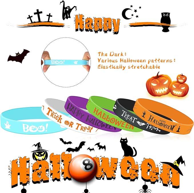 24 Pcs Halloween Luminous Silicone Wristbands, Glow in The Dark Classic Halloween Patterns Rubber Bracelets for Halloween Trick or Treat Theme Party Favors Goodie Bag Stuffers Supplies