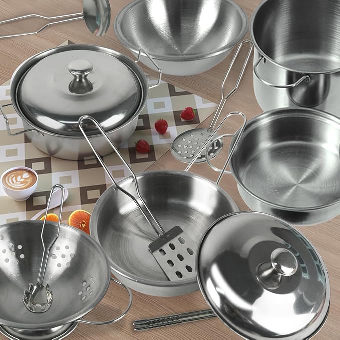 Mini Kids Stainless Steel Cookware Kitchen Cooking Toys Pretend Utensils with Cookware Play Pots and Pans Playset ,Cooking Utensils Pot Rack Organizer Storage Bag for Toddlers (Tiny Size)