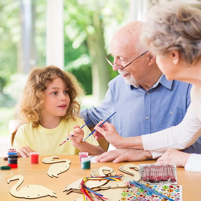 Fennoral 12 Pack Wind Chime Kit for Kids Make Your Own Flamingos Wind Chime Wooden Arts and Crafts for Girls Boys Ornaments DIY Coloring Flamingos Craft for Hawaii Summer Art Activity Birthday Party