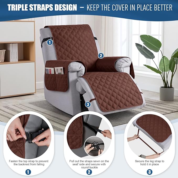 TAOCOCO 100% Waterproof Recliner Covers, Recliner Sofa Covers with Leg Straps, Reversible Recliner Couch Cover for Reclining Chair, Washable Couch Protector for Pets Kids(1 Seater 22", Coffee)