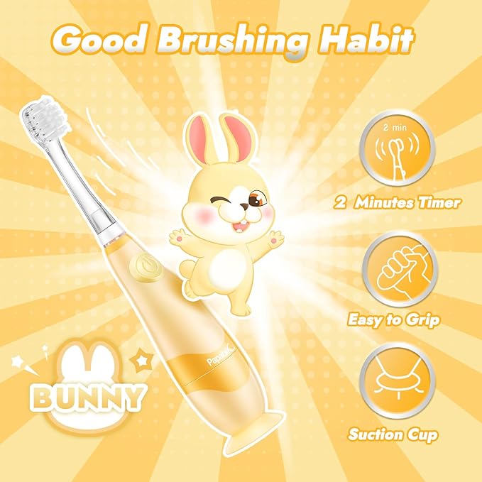 Papablic Toddler Sonic Electric Toothbrush for Ages 1-3 Years, Baby Electric Toothbrush with Cute Rabbit Cover and Smart LED Timer, 2 Brush Heads (Bunny)