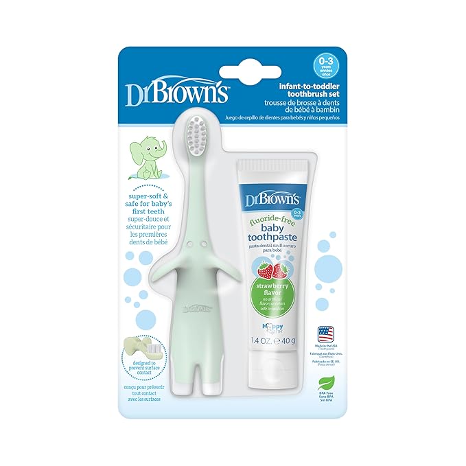 Dr. Brown's Infant-to-Toddler Training Toothbrush Set, Mint Elephant with Fluoride-Free Strawberry Baby Toothpaste, 0-3 Years (Styles May Vary)