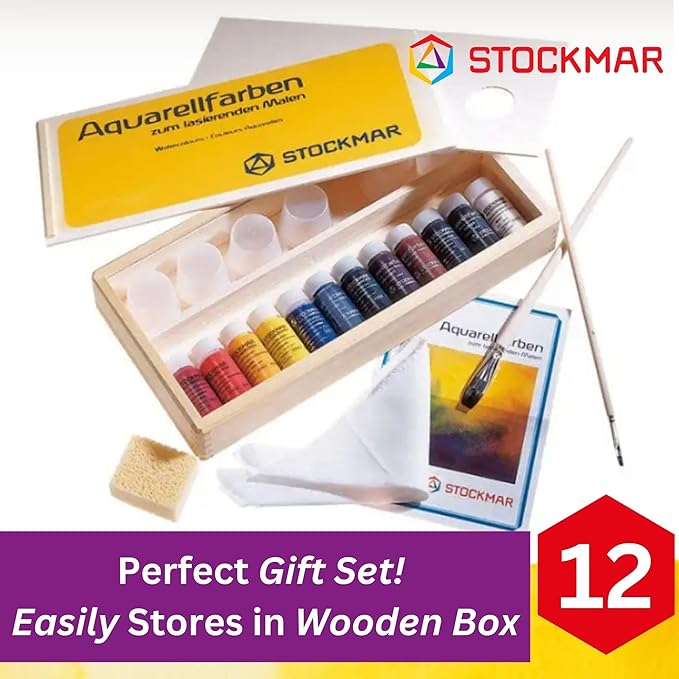 Stockmar Complete Watercolor Paint Set - 12 Colors, in Wooden Storage Box, Includes 2 Natural Brushes, 6 Containers, Cloth, Palette, Sponge, Waldorf Art Supplies