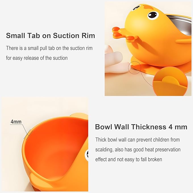 Suction Bowls Set for Baby Feeding，Yellow Duck Silicone Suction Baby Bowl and Food-Grade 304 Stainless Steel Bowl with Fork and Spoon,Dishwasher Safe